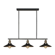 Industrial black metal island pendant with cone shade and three vintage edison bulbs for dining room lighting