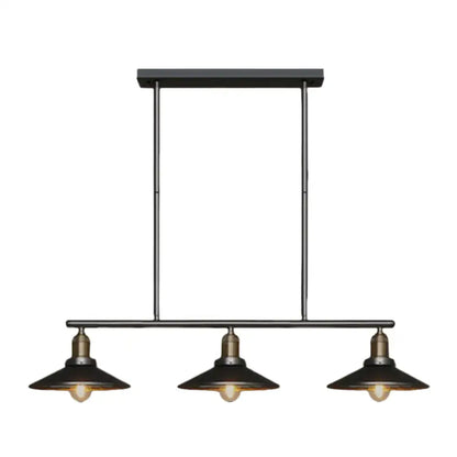 Industrial black metal island pendant with cone shade and three vintage edison bulbs for dining room lighting