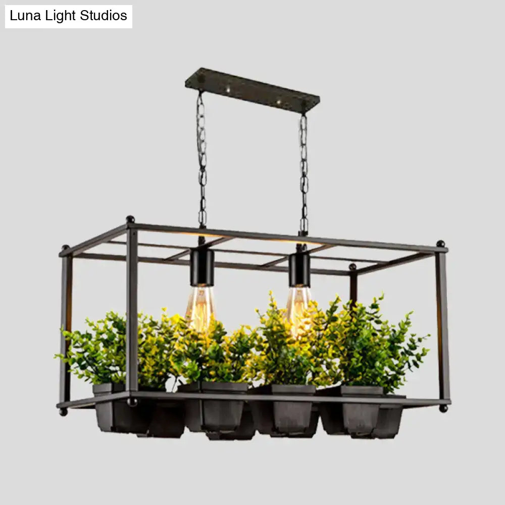 DecorBites™ industrial metal pendant light in black with e26 e27 bulb base and six potted plants in rectangular frame