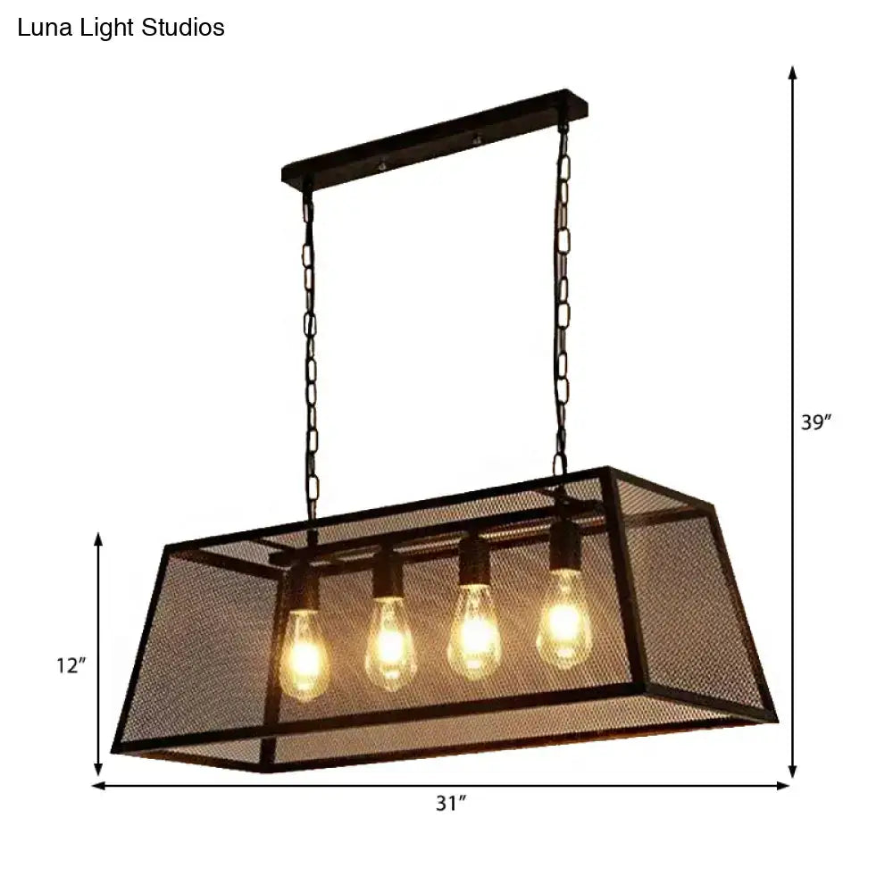 Decorbites™ industrial black metal pendant light fixture with four exposed edison bulbs and mesh cage design