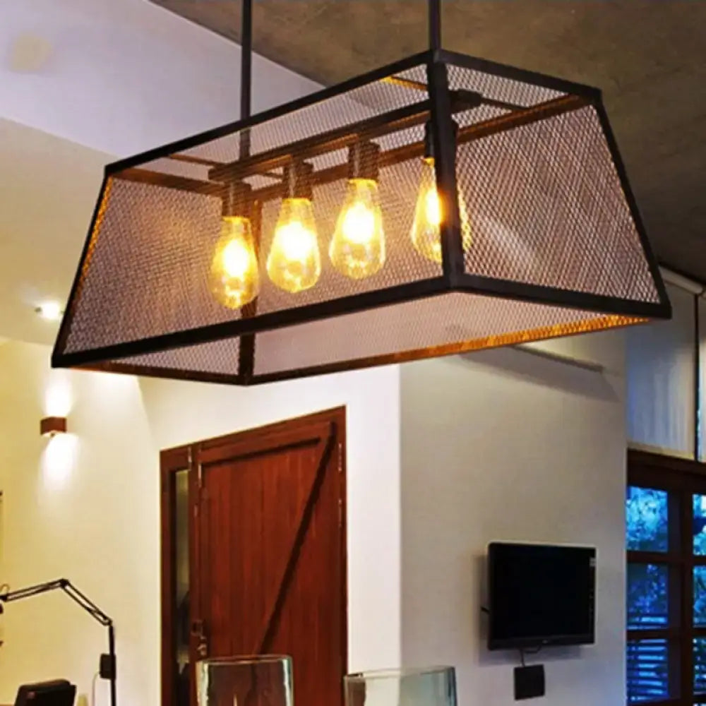 DecorBites™ industrial black metal pendant light fixture with four glowing filament bulbs and rectangular mesh frame