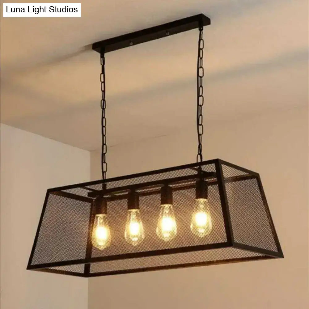 Decorbites industrial black metal pendant light fixture with four exposed edison bulbs and mesh cage design