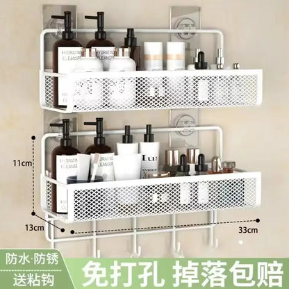 White mesh two-tier wall shelf organizer with suction cups and hooks for versatile kitchen storage solutions