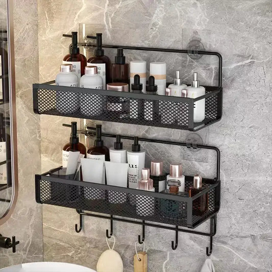 Industrial black metal mesh two-tier wall shelf organizer with hooks perfect as a wall shelf organizer
