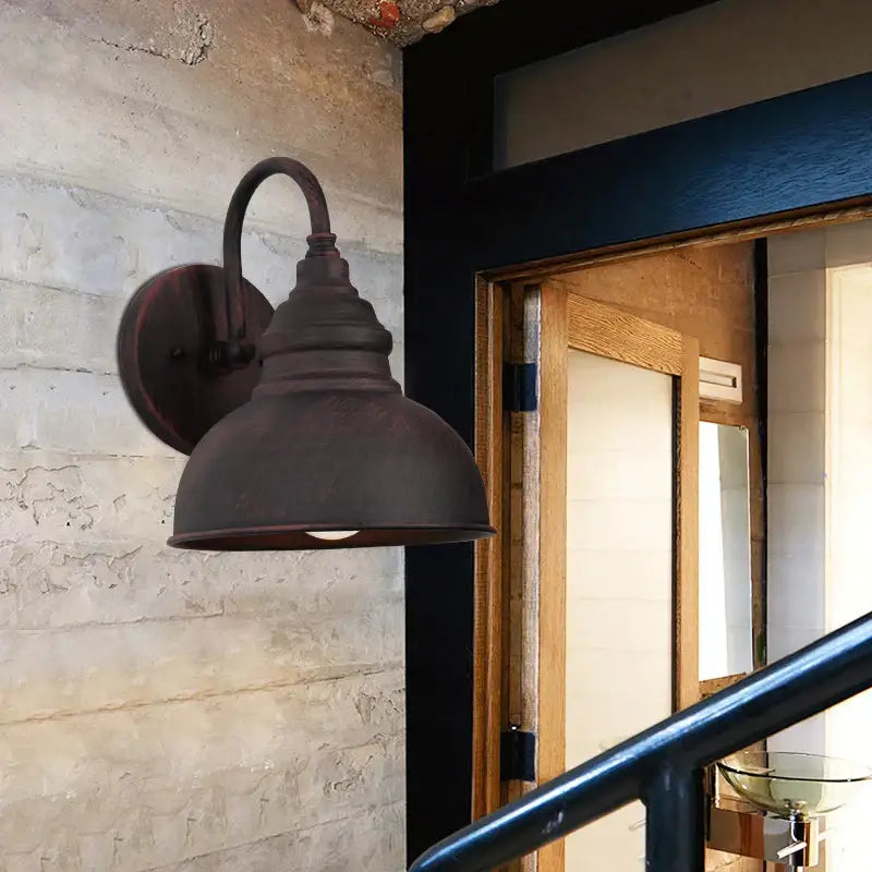 Dark bronze farmhouse-style wall lamp with matte distressed finish and curved arm for decorbites industrial led outdoor use