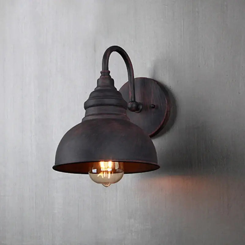 Rustic black metal wall lamp with curved arm and dome shade for industrial led outdoor decorbites industrial led use