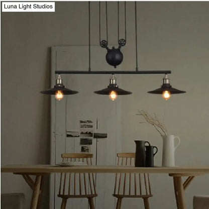 Industrial black metal pulley pendant light with three hanging lampshades and mickey mouse head design for kitchen island