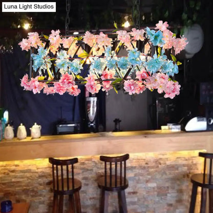 DecorBites black metal island light with industrial rectangle frame and pink blue artificial flower decor 220v-240v 110v-120v