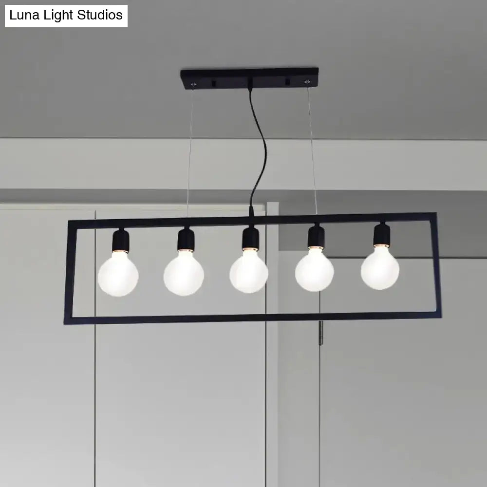 DecorBites industrial style rectangular pendant light with black metal frame and five frosted glass bulbs hanging ceiling fixture