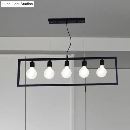 DecorBites industrial style rectangular pendant light with black metal frame and five frosted glass bulbs hanging ceiling fixture