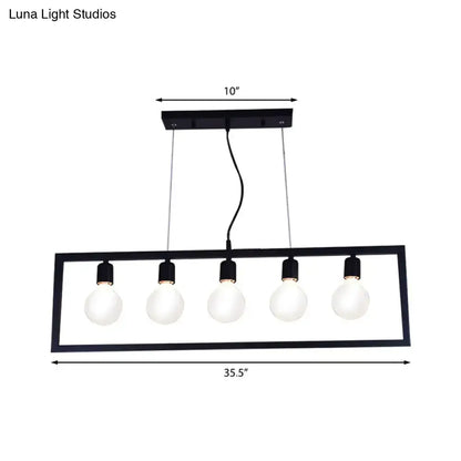DecorBites™ industrial style rectangular pendant light with black metal frame and five exposed bulb sockets