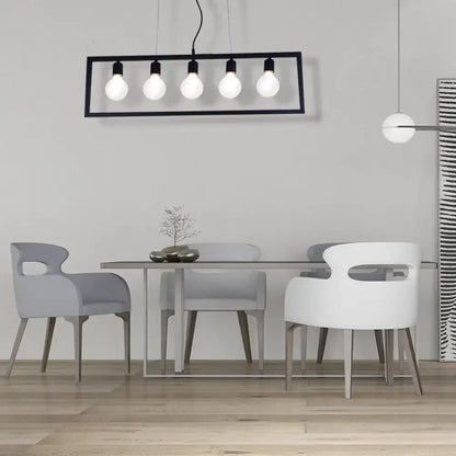 DecorBites™ industrial style rectangular pendant light with five exposed bulbs and black metal frame ceiling fixture