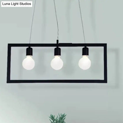 Decorbites™ industrial style rectangular pendant light with black metal frame and three exposed bulb sockets ceiling fixture