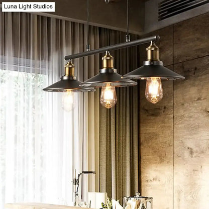 Decorbites industrial metal saucer foyer island ceiling light with three black hanging lights and brass accents