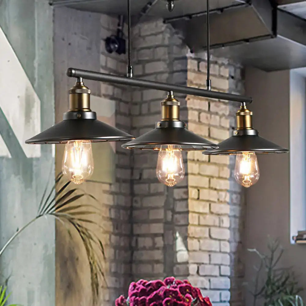DecorBites™ industrial metal saucer foyer island ceiling light with three black pendant lights and brass accents