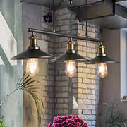 DecorBites™ industrial metal saucer foyer island ceiling light with three black pendant lights and brass accents