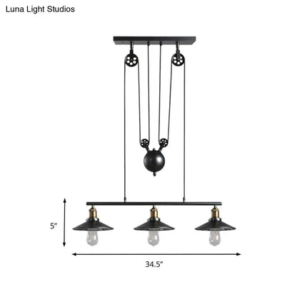 DecorBites™ industrial metal saucer foyer island ceiling light with three black pendant lights and central pulley system