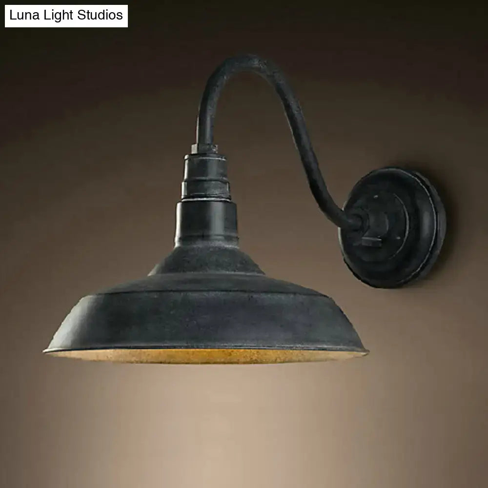 Decorbites industrial black wrought iron wall light with distressed metal shade and warm brass interior for led incandescent fluorescent bulbs