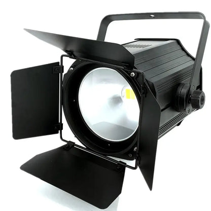 Black metal stage lighting with adjustable barn doors and handle for easy mounting providing stage lighting effect