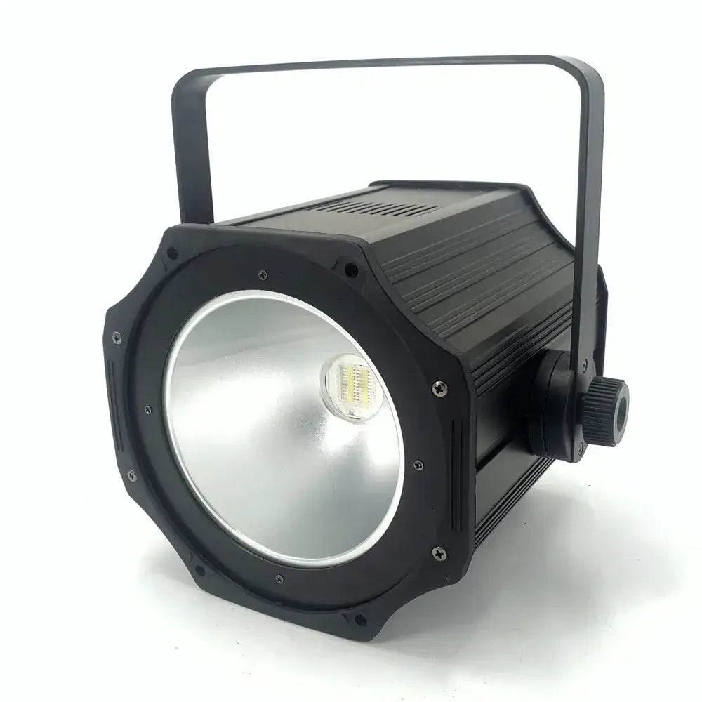 Industrial black metal octagonal led spotlight with silver reflective interior and barn doors for stage lighting effect