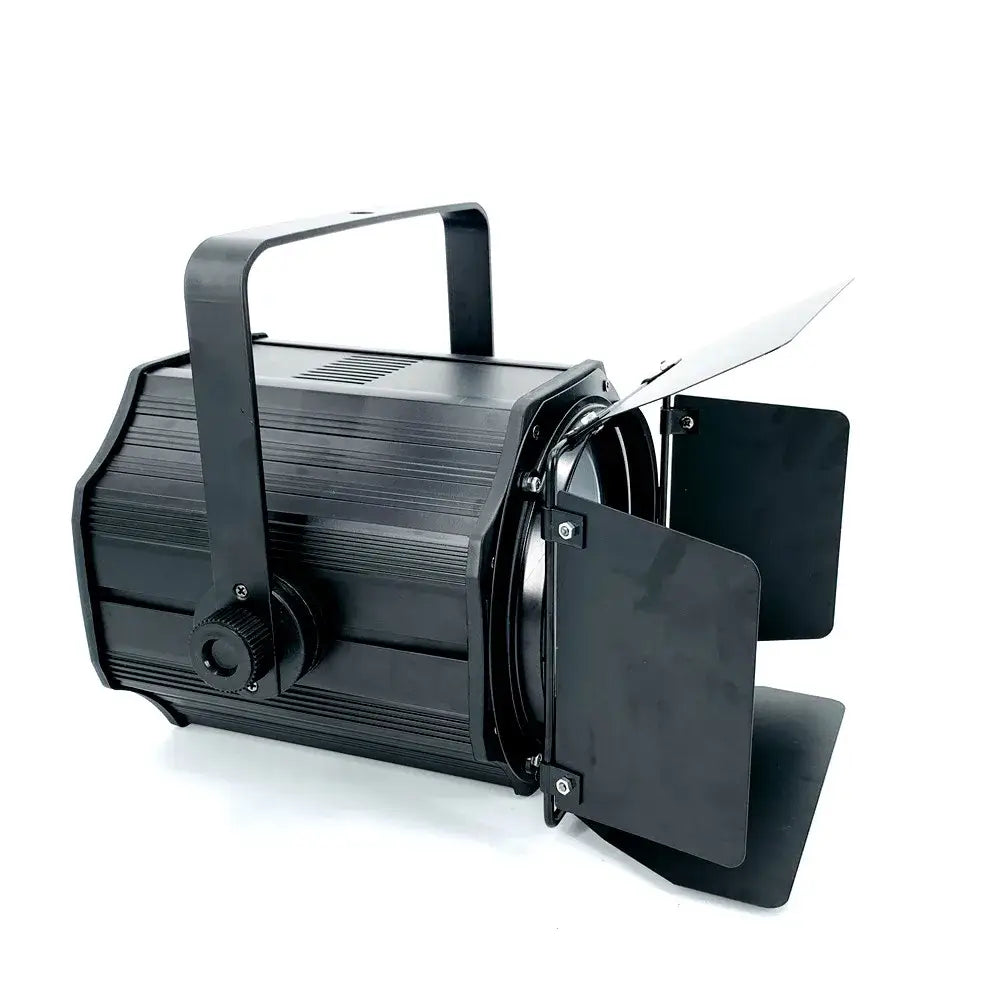 Industrial black metal stage lighting with adjustable barn doors and ribbed housing for stage lighting effect