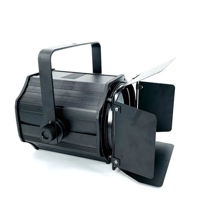 Industrial black metal stage lighting with adjustable barn doors and ribbed housing for stage lighting effect