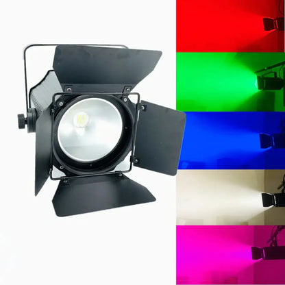 Industrial black metal stage lighting with adjustable barn doors and led bulb shown with red green blue white and magenta effects