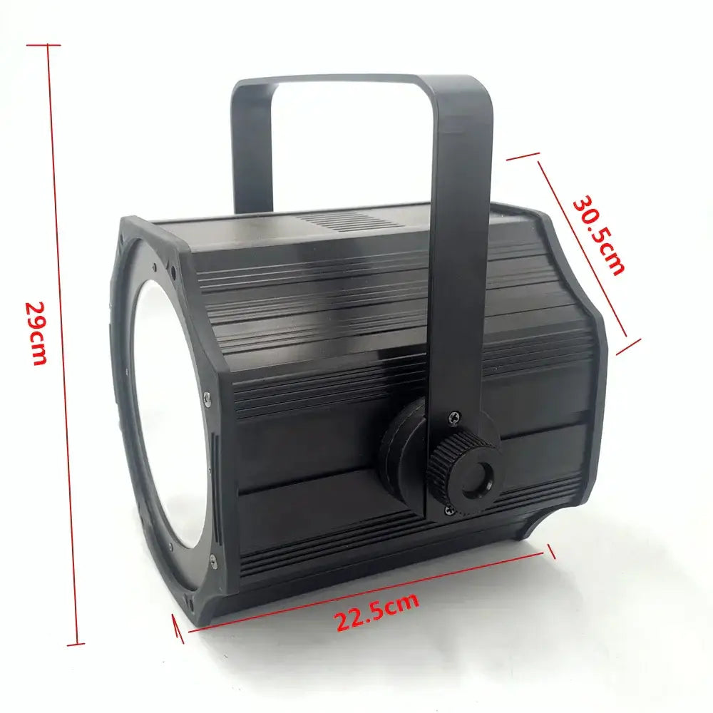 Industrial black metal stage lighting with barn doors featuring adjustable focus knob and ribbed heat sinks for stage lighting effect