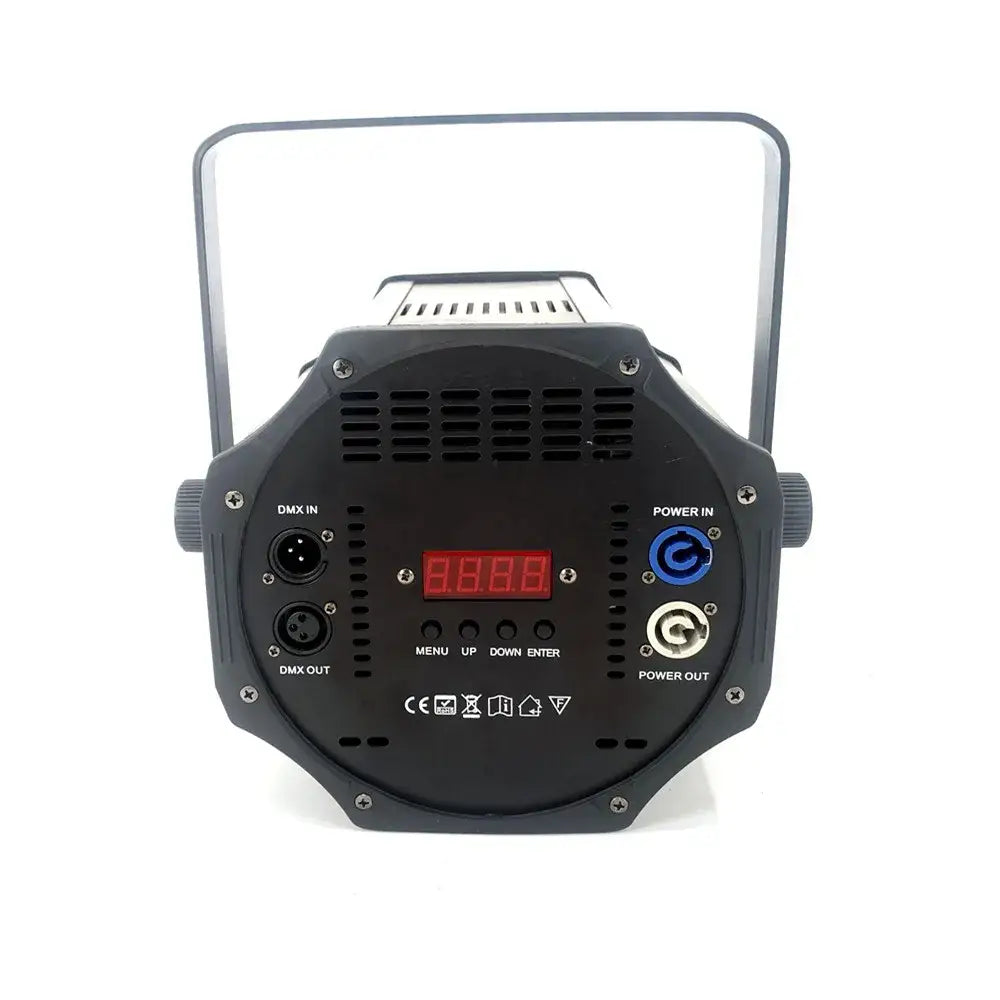 Industrial black metal stage lighting with barn doors featuring a handle control ports and red digital display