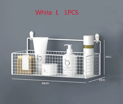 White wire mesh wall-mounted bathroom shelf with two adhesive hooks for bathroom storage of bath essentials