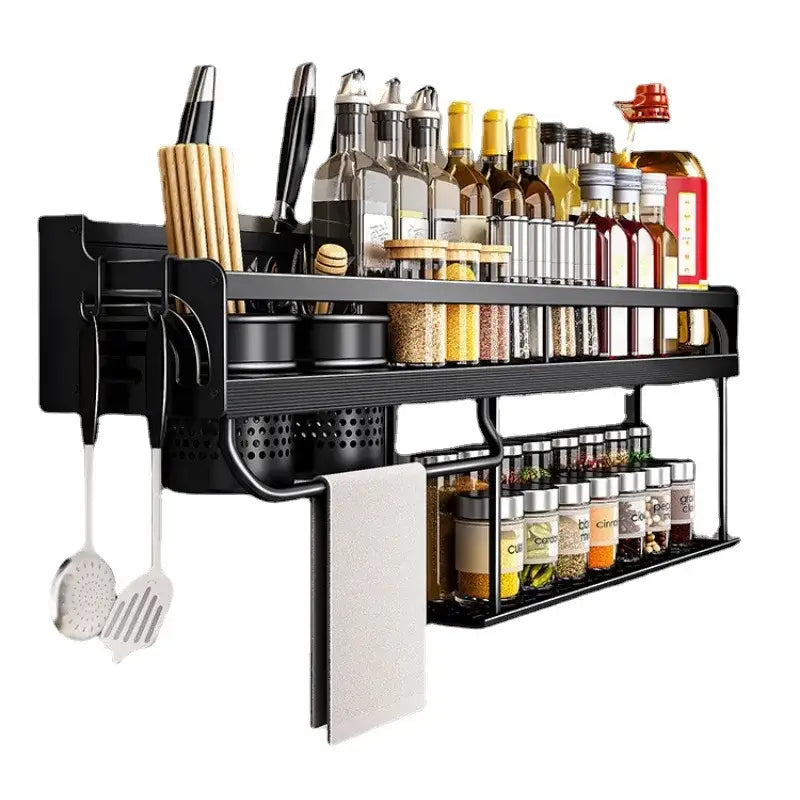Industrial black metal two tier kitchen organizer wall storage rack holding bottles, spice jars, utensils, and spatulas