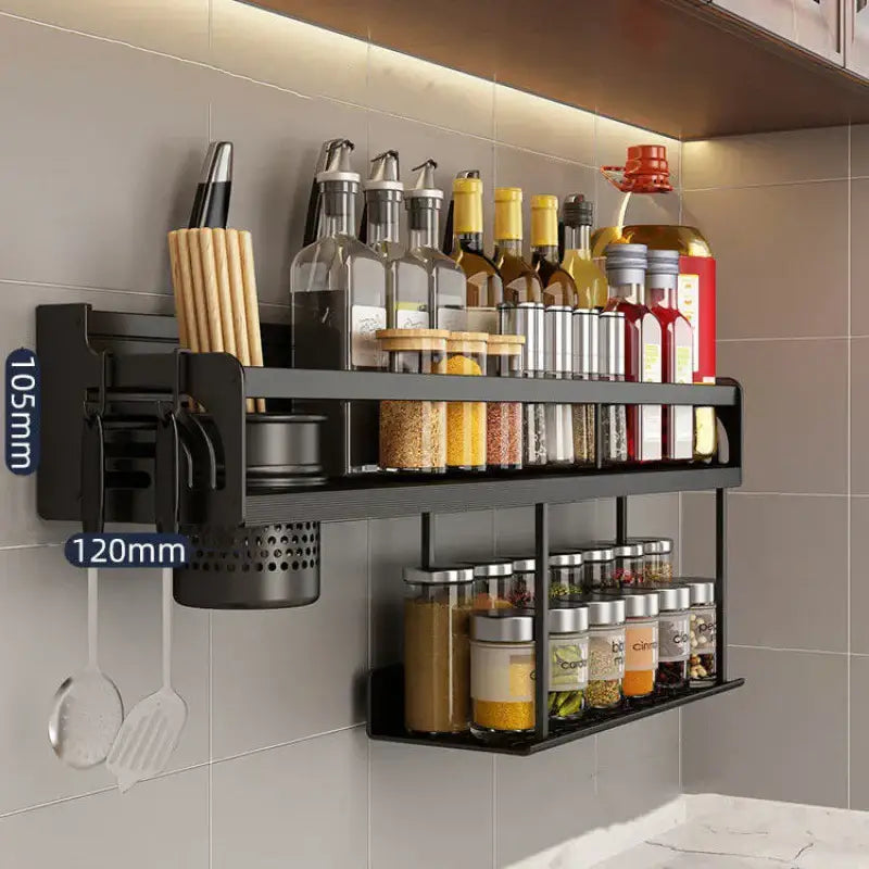 Black metal two tier industrial kitchen organizer wall storage rack holding glass jars and condiment bottles