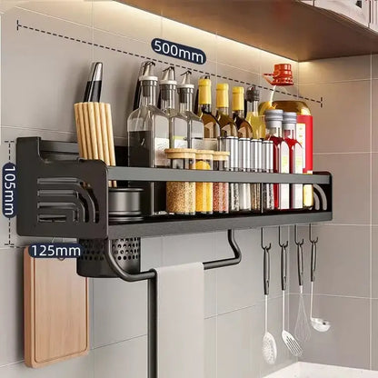Industrial black metal two tier kitchen organizer wall storage rack with integrated towel rack and hanging hooks