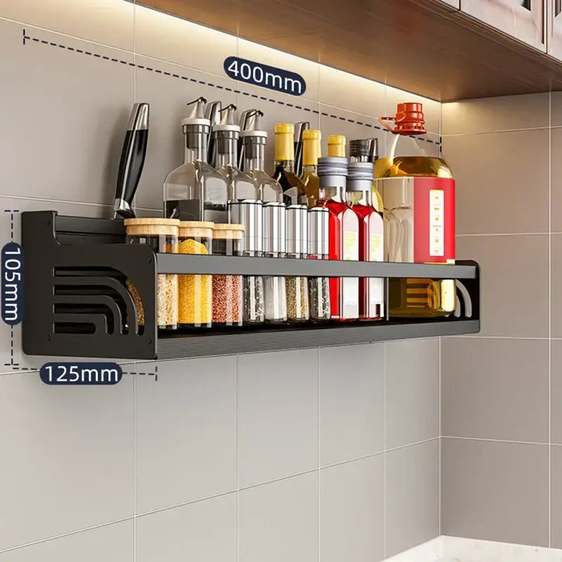 Industrial black metal two tier kitchen organizer wall spice storage rack with integrated knife holder and multiple compartments