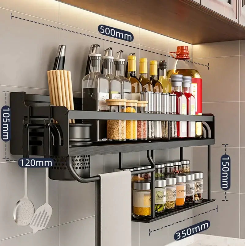Black metal two tier kitchen organizer wall storage rack with shelves towel rack and utensil holders for spice storage