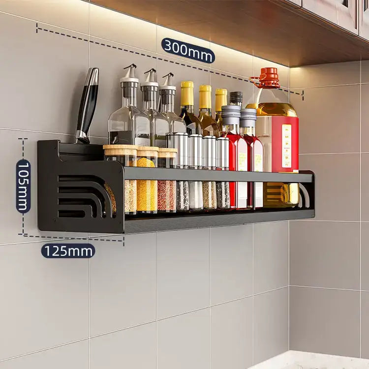 Black metal two tier kitchen organizer wall storage rack with integrated knife holder for spice and bottle organization