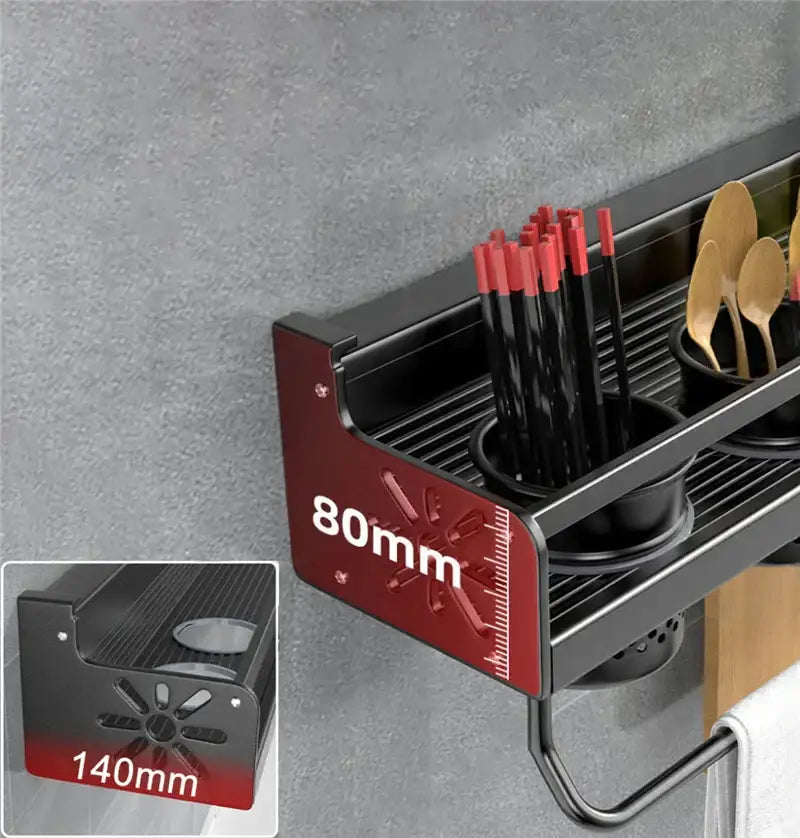 Industrial black metal two tier kitchen organizer wall storage rack with black and red utensil slots for chopsticks and spoons
