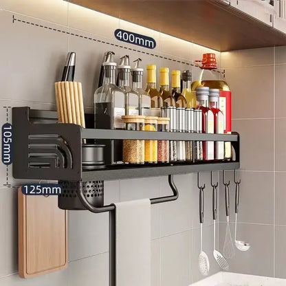 Industrial black metal two tier kitchen organizer wall storage rack with cutting board holder spice rack and utensil hooks