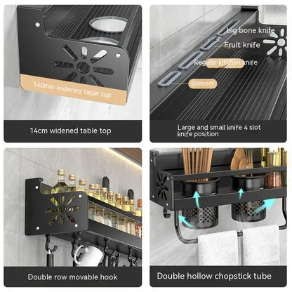 Black metal two tier kitchen organizer wall storage rack with sunburst design and multiple slots for knives and containers