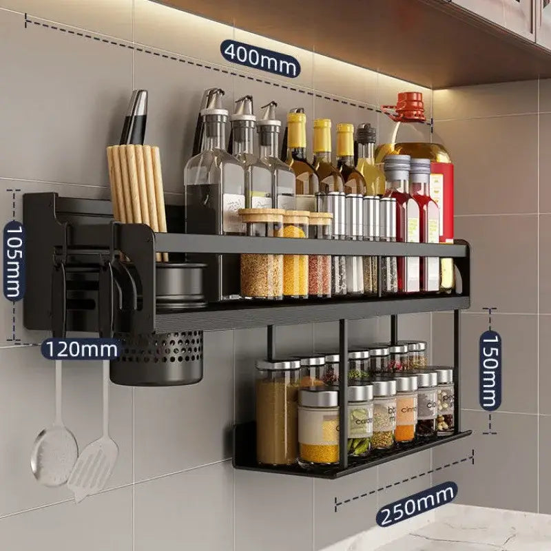 Black metal two tier kitchen organizer wall storage rack with utensil holder for organizer wall spice storage