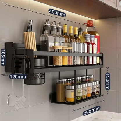Black metal two tier kitchen organizer wall storage rack with utensil holder for organizer wall spice storage