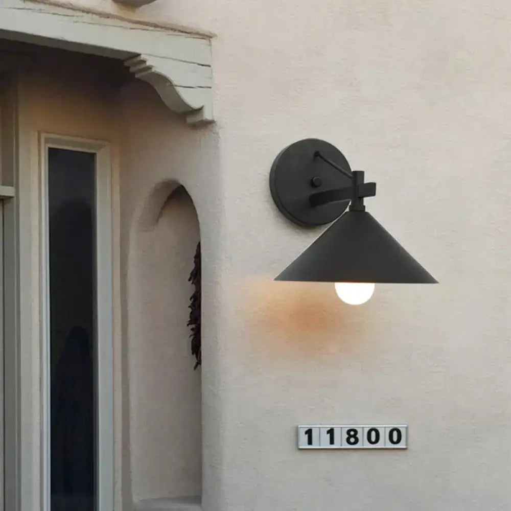 Decorbites™ outdoor metal cone wall hanging light with black matte finish and conical shade for vintage style lighting