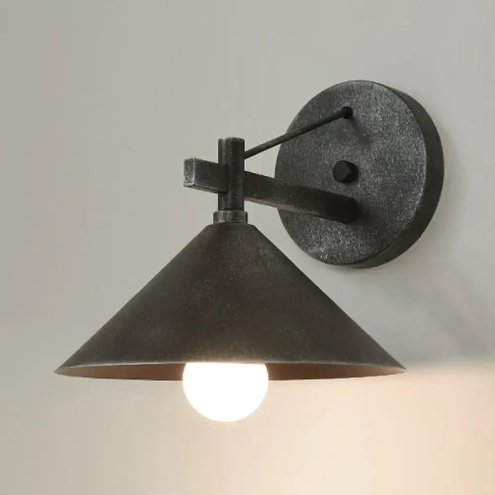 DecorBites outdoor metal cone wall hanging light in black with antique brass featuring industrial conical shade and bulb