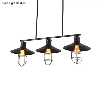 DecorBites™ Nautical Saucer black metal pendant lamp with three exposed filament bulbs and wire cage shade