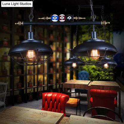 DecorBites™ industrial metal wire frame island light with black finish and billiard-themed pool balls, 2/3 heads