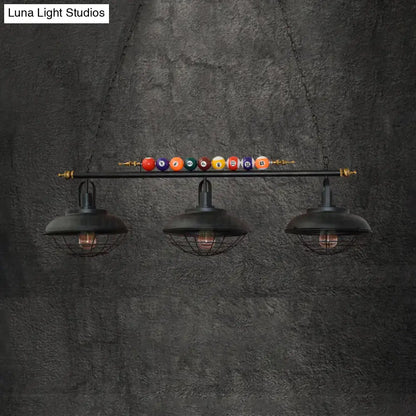 Decorbites industrial metal wire frame island light with black finish and three wire mesh shades for billiard room