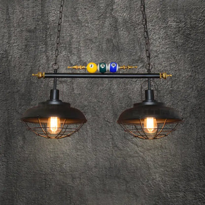 Decorbites industrial metal wire frame island light with black finish brass accents and vintage bulbs for billiard room