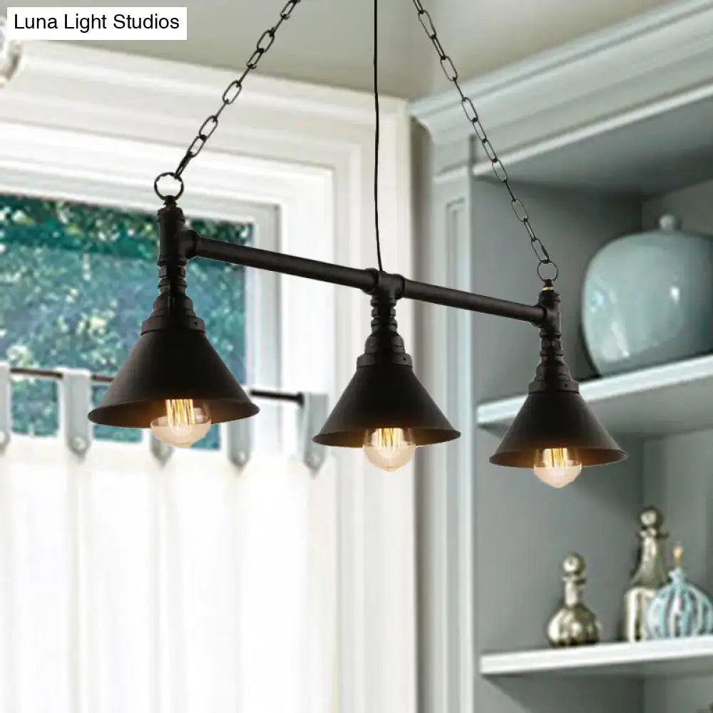 DecorBites antique style 3-head metallic island pendant lamp with black metal conical shades and chain cord