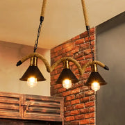 Decorbites modern geometric metallic island pendant lamp with black conical shades brass accents and jute rope cord
