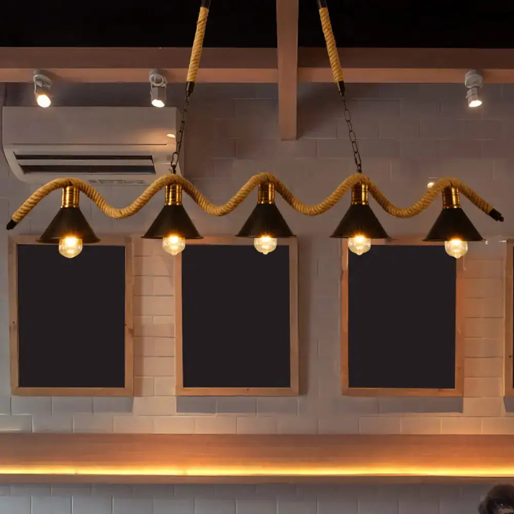 DecorBites™ modern geometric metallic island pendant lamp with five black shades and jute rope for dining room light fixture